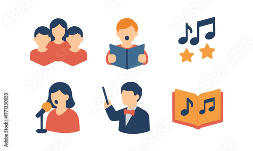 Harmonious flat icons set featuring singers, conductor, and music notes
