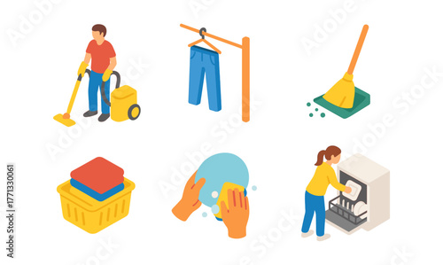 Isometric household chores: cleaning, laundry, dishwashing