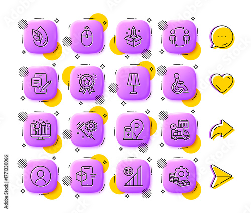 Organic product, Coronavirus vaccine and Creative design line icons. App 3d buttons. Social media comment, share, like icons. Pack of Table lamp, Charging station, Headshot icon. Vector