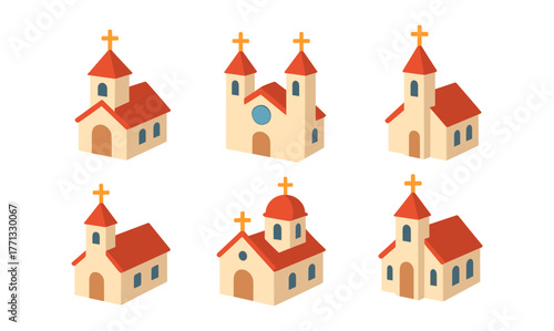 Isometric church icons set with red roofs and crosses in pastel tones