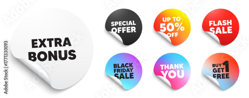 Extra bonus sticker tag. Special offer paper price tags. Extra bonus offer tag. Special gift promo sign. Sale promotion symbol. Discount, black friday sticker. Promo banner. Vector