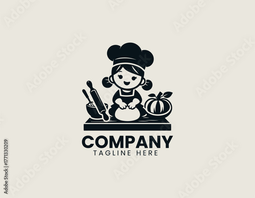 Cute cartoon girl chef kneading dough on table with flour bowl and rolling pin black vector logo design illustration