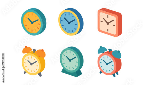 Colorful isometric clock collection: modern timepiece designs with retro alarm feature