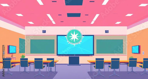 Modern interior design of a living room with a television on a wall above a table and a comfortable sofa