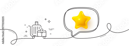 Baggage cart line icon. Continuous line with 3d star. Travel luggage sign. Journey bag trolley symbol. 3d star in speech bubble. Baggage cart single line ribbon. Loop curve pattern. Vector
