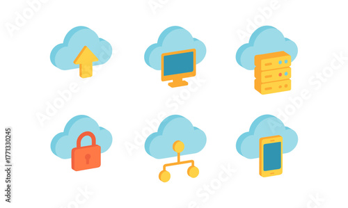 Isometric cloud technology icons set: server, security, and mobile connectivity