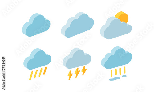 Isometric weather icons: sun, cloud, rain, and storm in modern design