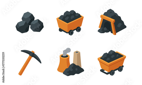 Isometric mining tools and resources set: cart, tunnel, coal, pickaxe, factory