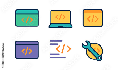 Colorful coding icons set featuring laptop, browser, and tools