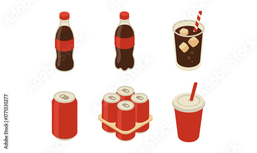 Isometric soft drinks collection: bottles, cans, and cups with straws