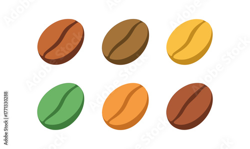 Colorful set of coffee beans in various shades on white background