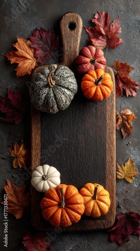 Autumn cutting board with colorful pumpkins and leaves