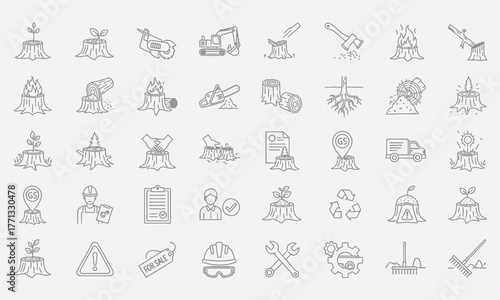 Collection of thin line icons for the logging industry, deforestation, and reforestation. Vector symbols for forestry and woodcutting topics