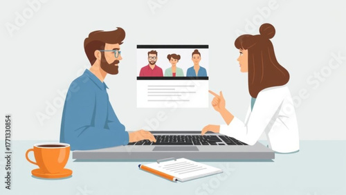 Medical team professionals, including a woman doctor and a nurse, are engaged in teamwork and communication at the office while a doctor uses a laptop for work