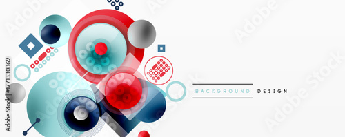 Abstract geometric shapes overlap. Circles, squares create dynamic composition. Red, blue, cyan dominate design. Modern aesthetic.