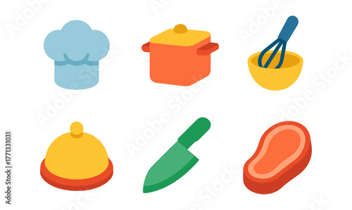 Colorful flat kitchen utensils set with chef hat, knife, and cooking pot