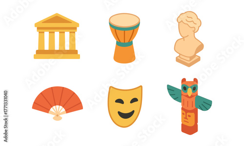 Cultural icons set: theatre, sculpture, music, and traditional art elements