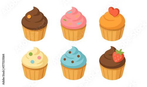 Colorful variety of cupcakes with decorative toppings in isometric style