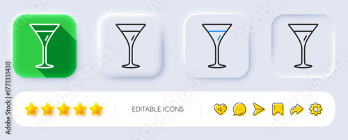 Martini glass line icon. Neumorphic, Flat shadow, 3d buttons. Wine glass sign. Line martini glass icon. Social media icons. Vector