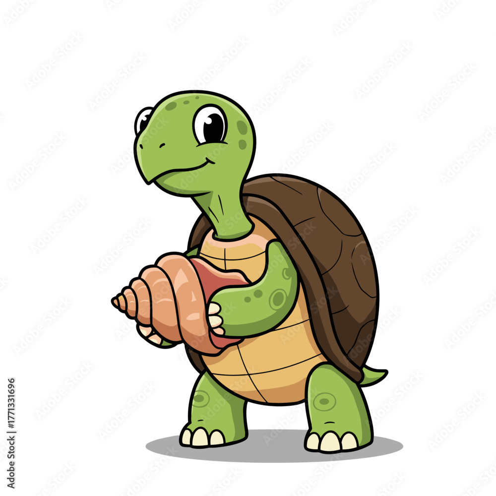 Fototapeta premium Cartoon vector illustration of a cute and funny tortoise with a big smile, next to a happy turtle character, set against a green nature background