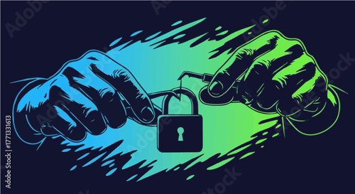Energetic graphic of a hand holding a key to a padlock, surrounded by striking green and purple abstract forms, representing breakthrough and secure access.