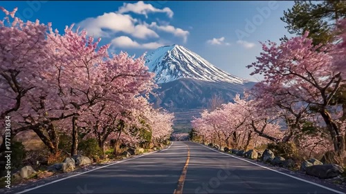 Scenic road through cherry blossoms with a snow capped mountain backdrop