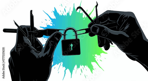 Dynamic graphic of a hand holding a key to a padlock, with vibrant green and blue paint splashes, symbolizing unlocking potential and finding secure solutions.