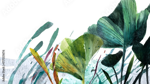 Lush vibrant tropical foliage fills the frame creating an abstract and dynamic natural composition with a sense of growth energy and harmony