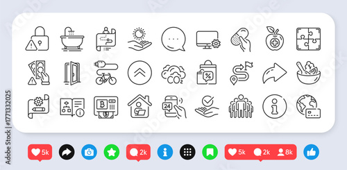 Bitcoin atm, Lock and Open door line icons pack. Social media: share, comment, like icons. Cogwheel blueprint, Internet pay, Capsule pill web icon. Work home, Bribe, Monitor settings pictogram. Vector