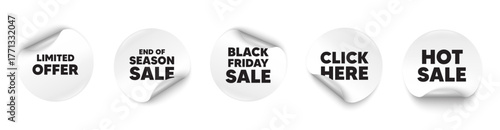 Limited offer sticker tag. Season sale, Black friday paper price banners. Limited offer tag. Special promo sign. Sale promotion symbol. Click here sticker. Vector