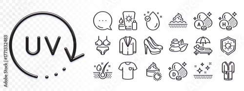 Lingerie, Vitamin h and Spa stones line icons for web app. Glare of light effect. Message icon. Pack of Vitamin e, Sun protection, Suit pictogram icons. Sun cream, T-shirt, Skin care signs. Vector