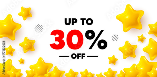 Discount tag winner banner with 3d stars. Golden stars banner. Up to 30 percent off sale. Discount offer price sign. Special offer symbol. Save 30 percentages. Review rate background. Vector