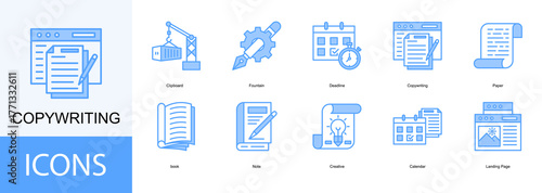 Copywriting icon collection set. Containing Clipboard, Fountain, Deadline, Paper, book icon.