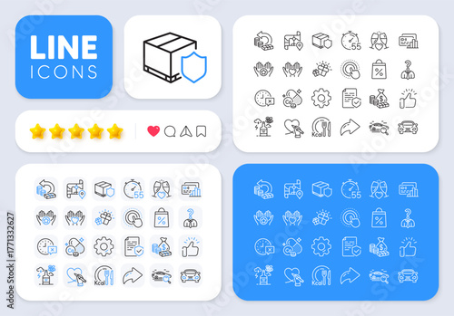 Hold heart, Time and Calories line icons for web app. Message, Share, Like social media icons. Pack of Money, Car, Social care pictogram icons. Shopping bag, Timer, Cobalt mineral signs. Vector