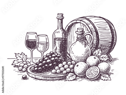 wine still life grapes barrel citrus hand drawn engraving vector illustration