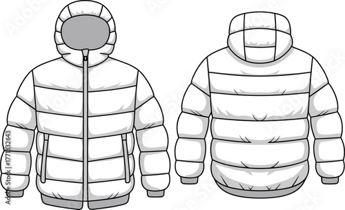 Men’s puffer jacket technical flat sketch, hooded winter coat template, vector fashion illustration, apparel design outline, quilted outerwear front back view