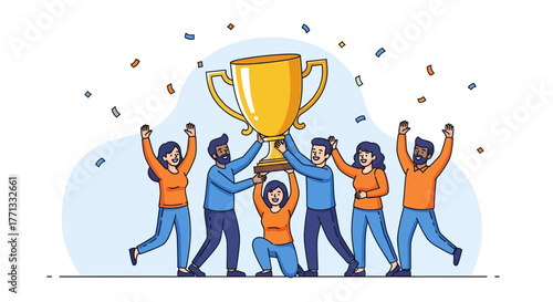 Team Celebrates Victory Together and Appreciates the Great Achievement and Glory