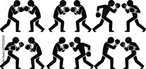 Dynamic silhouette boxer poses capturing the intensity of a boxing match action vector
