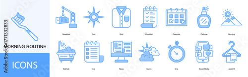 Morning Routine icon collection set. Containing Breakfast, Sun, Shirt, Checklist, Calendar icon.