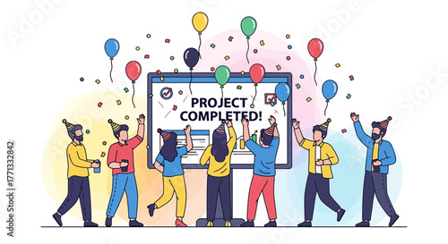 Team Celebrating A Successful Project, Illustrative People And Festive Decorations