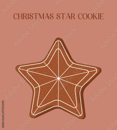 Christmas star cookie on beige background. Flat illustration of festive gingerbread star with frosting isolated. Winter vector art for social media, banners, cards
