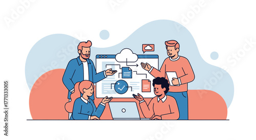 Team Discussing Cloud Computing Strategy and Data Analysis for Project Success