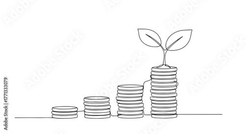 Continuous one line drawing of growing money stacks with a plant, symbolizing investment and financial success vector illustration