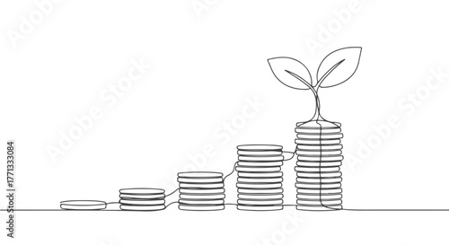 Continuous One Line Drawing of Growing Stack of Coins with Sprout Finance and Investment Growth