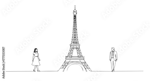 A man and woman in Paris with the Eiffel Tower drawn in one continuous line art style, a romantic and minimalist vector illustration