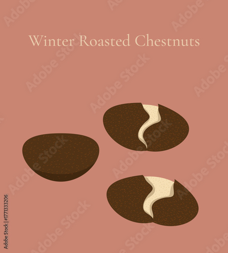 Roasted chestnuts on beige background. Flat design of winter seasonal food in shell and peeled isolated on neutral tone. Christmas vector illustration for menu, banners