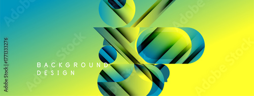 Abstract geometric shapes overlap vibrant gradient background. Modern design elements create dynamic visual texture.