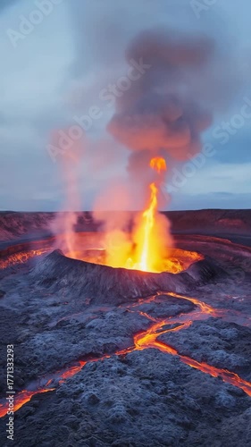 burning fire on the volcano with lava in the mountains