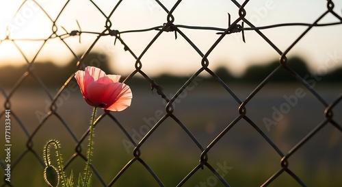Vibrant red poppy blooming against a chain link fence at sunset.