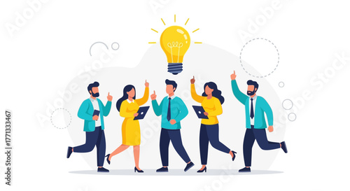 Team Of Brilliant Minds Pointing At Innovative Light Bulb Ideas And Solutions